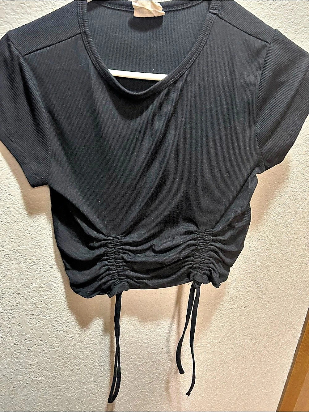 One Step Up  Ruched Drawstring Black Top Medium - Picture 3 of 7